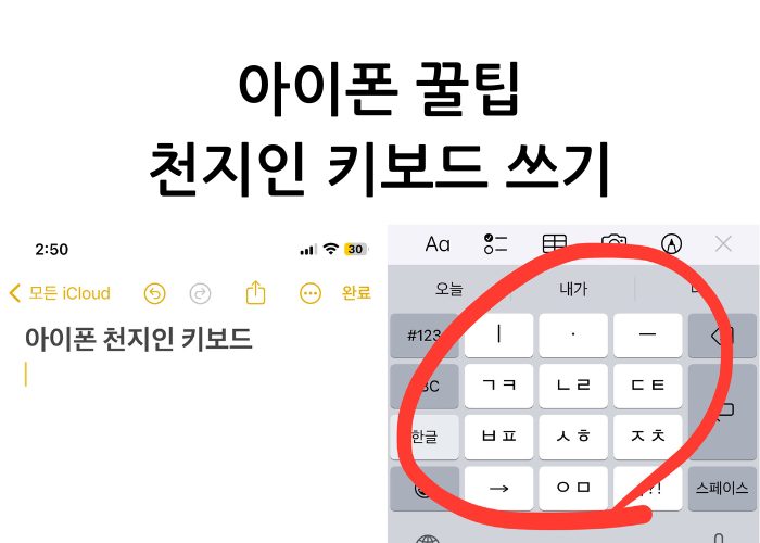 아이폰 천지인 키보드 쓰기 왼쪽 아래엔 아이폰 메모장에 아이폰 천지인 키보드 라는 텍스트가 오른쪽 아래엔 아이폰의  10키 (천지인) 키보드 이미지가 있다.